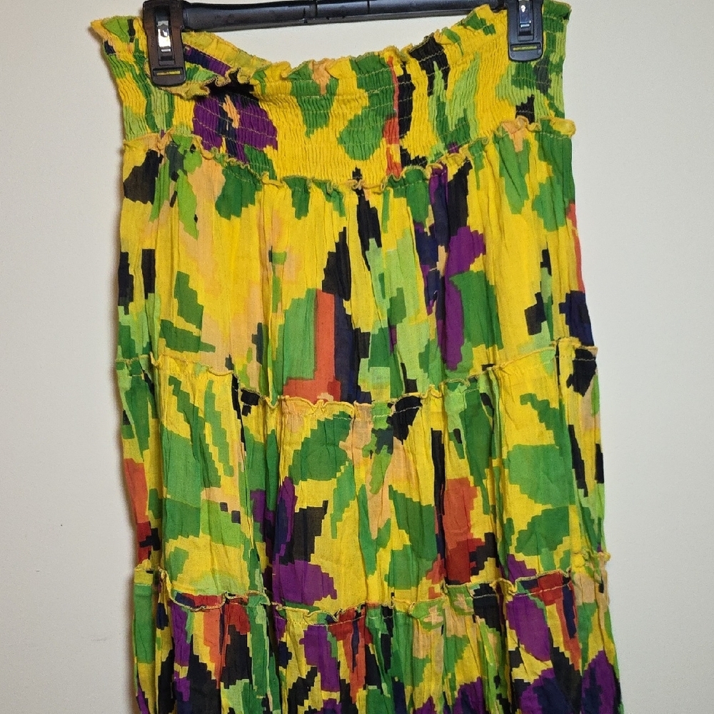 Vibrant Yellow and Green Boho Midi Skirt - Picture 5 of 7